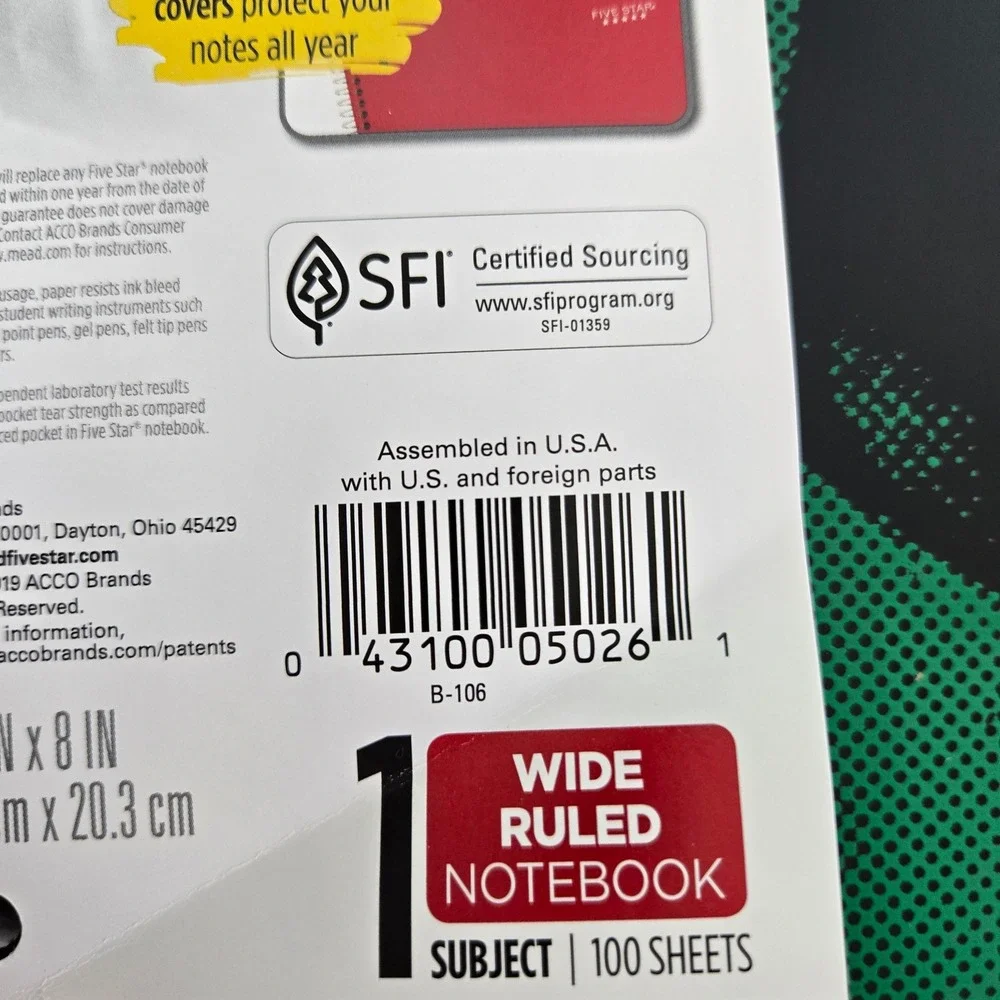 Five Star Sports Theme 1 Subject Wide Ruled 3Pack 100 Sheet Spiral Notebook NEW